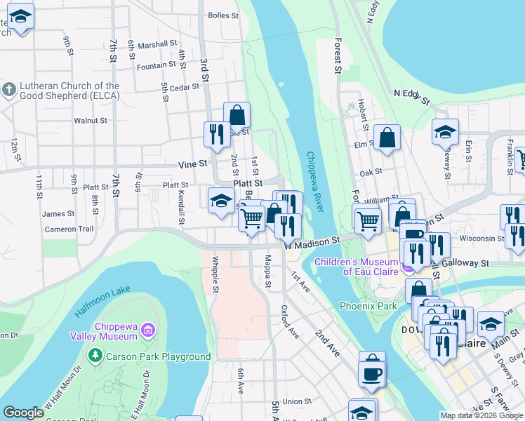 map of restaurants, bars, coffee shops, grocery stores, and more near 1716 Mappa Street in Eau Claire