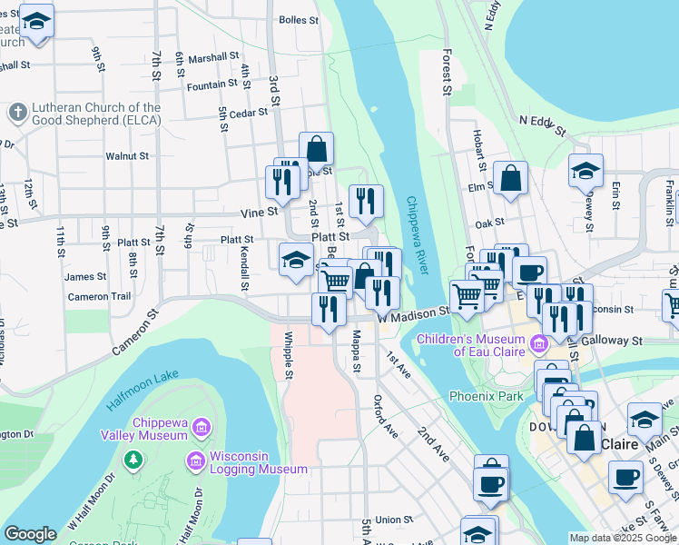 map of restaurants, bars, coffee shops, grocery stores, and more near 1716 Mappa Street in Eau Claire