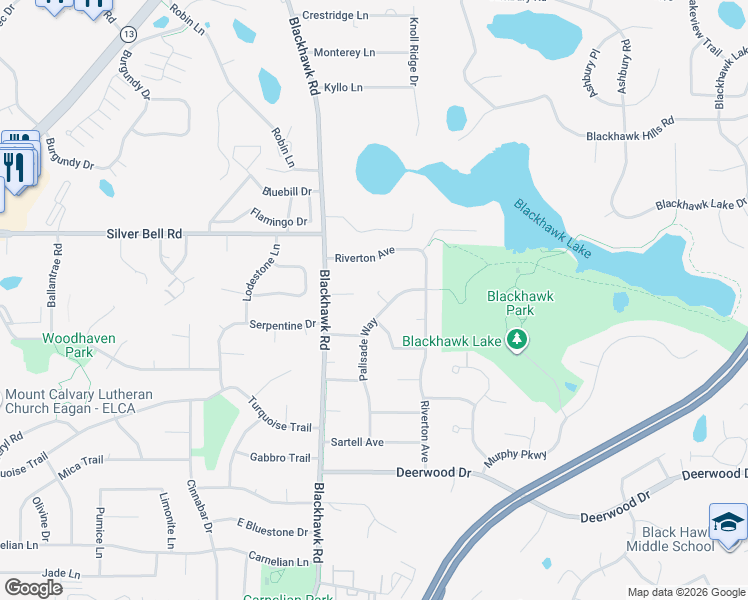 map of restaurants, bars, coffee shops, grocery stores, and more near 3865 Palisade Point in Eagan