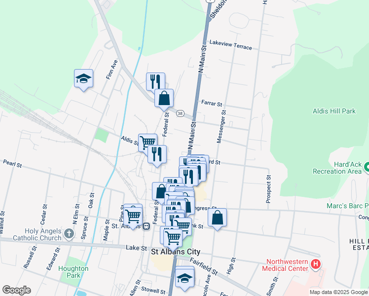 map of restaurants, bars, coffee shops, grocery stores, and more near 176 North Main Street in Saint Albans City