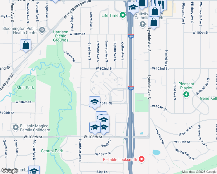 map of restaurants, bars, coffee shops, grocery stores, and more near 10310 Devonshire Road in Bloomington