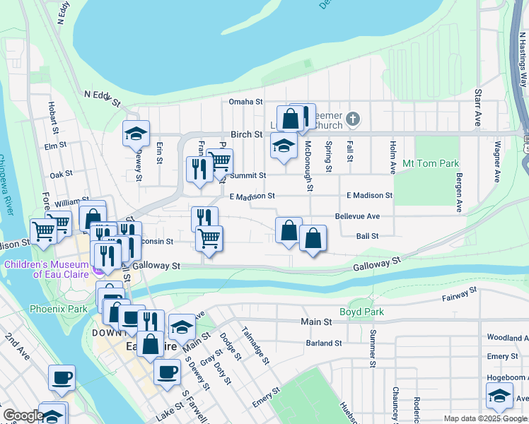 map of restaurants, bars, coffee shops, grocery stores, and more near 1129 Bellevue Avenue in Eau Claire
