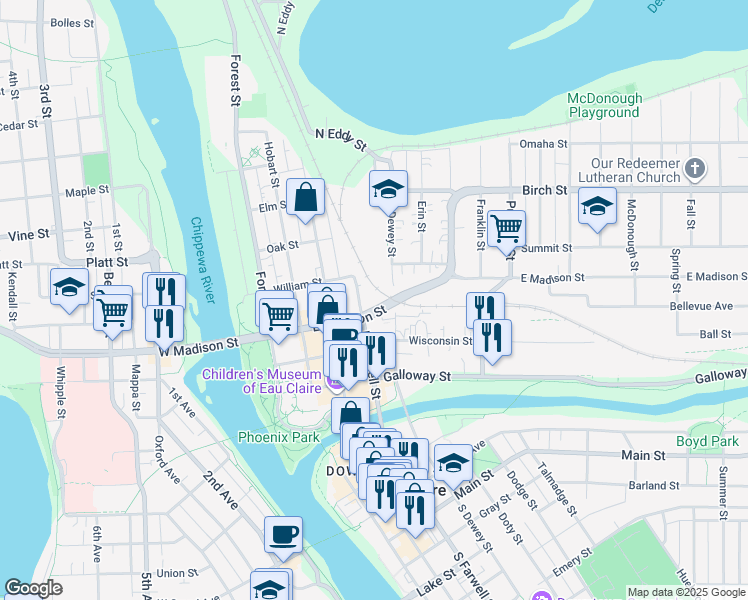 map of restaurants, bars, coffee shops, grocery stores, and more near 512 East Madison Street in Eau Claire