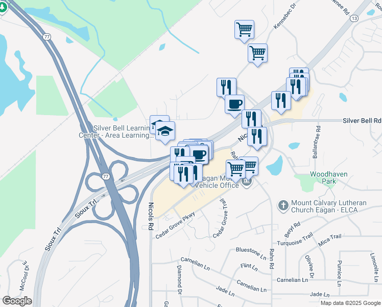 map of restaurants, bars, coffee shops, grocery stores, and more near 3920 Sibley Memorial Highway in Eagan