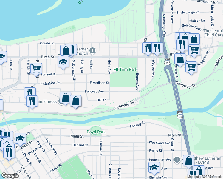 map of restaurants, bars, coffee shops, grocery stores, and more near 1802 Bellevue Avenue in Eau Claire