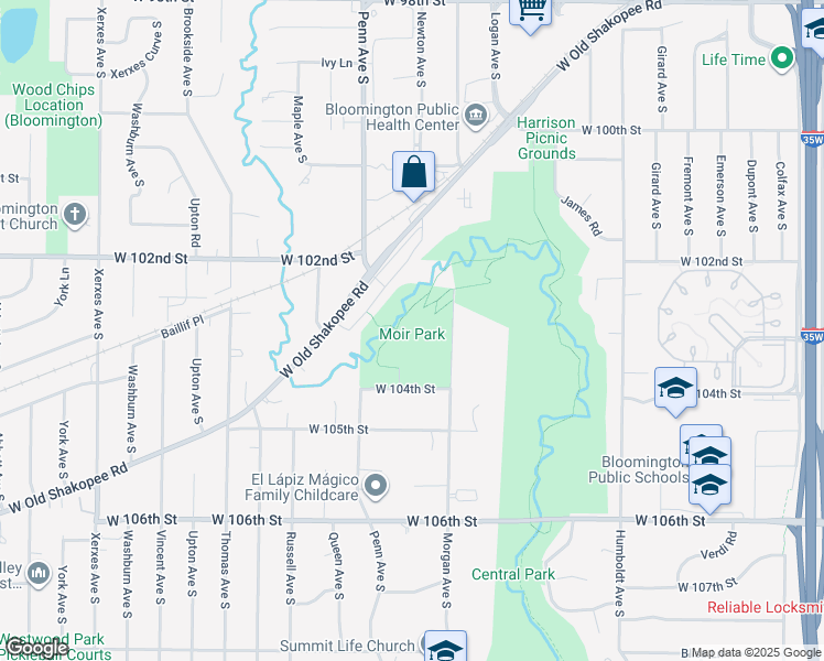 map of restaurants, bars, coffee shops, grocery stores, and more near 10320 Morgan Avenue South in Bloomington