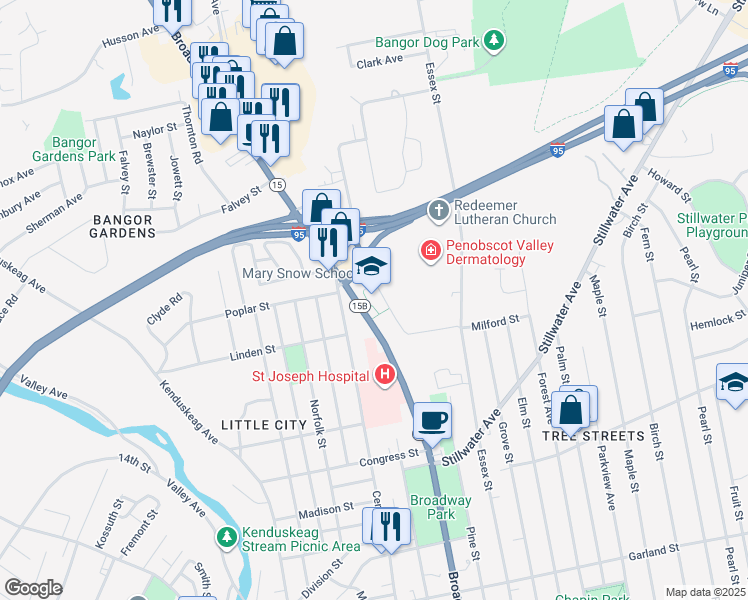 map of restaurants, bars, coffee shops, grocery stores, and more near 435 Broadway in Bangor