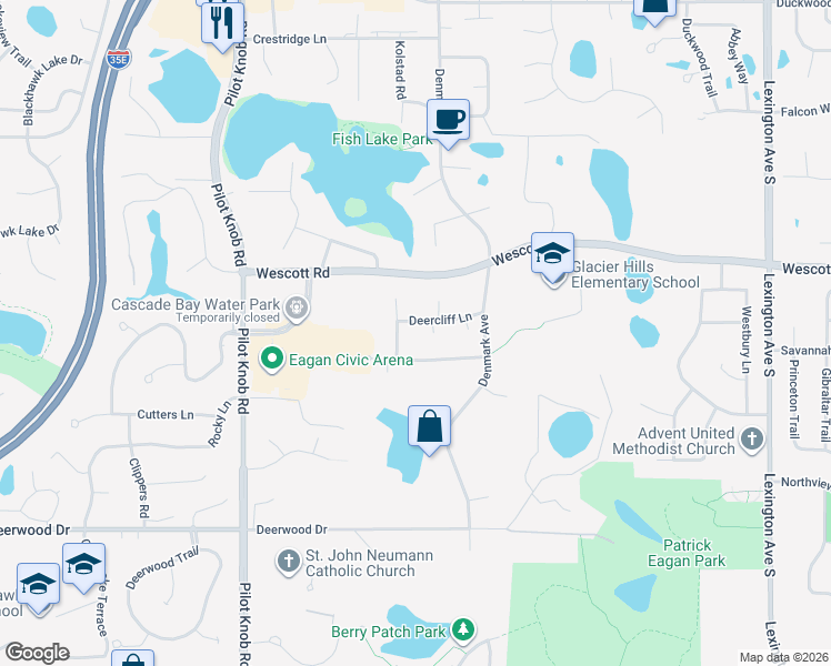map of restaurants, bars, coffee shops, grocery stores, and more near 1314 Deercliff Lane in Eagan