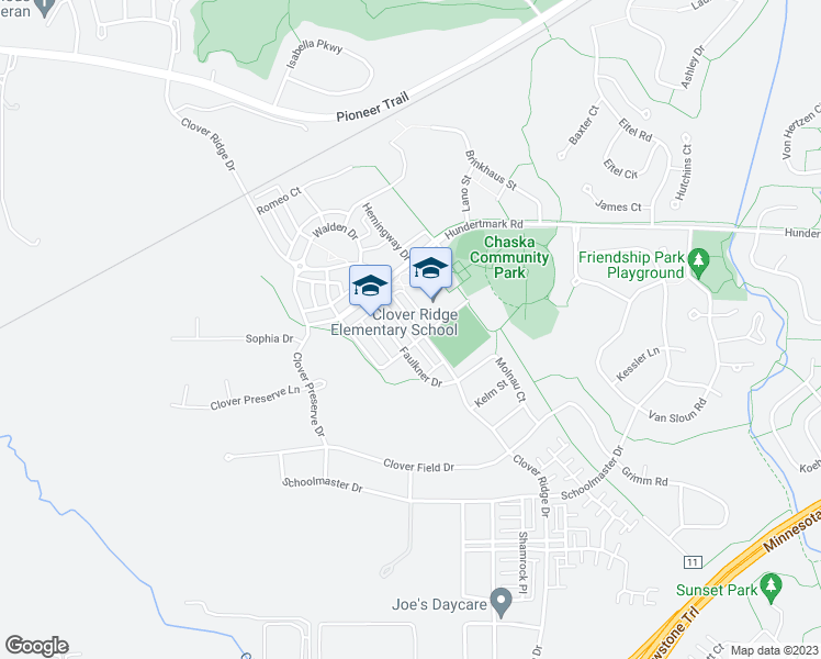 map of restaurants, bars, coffee shops, grocery stores, and more near 2832 Clover Ridge Drive in Chaska