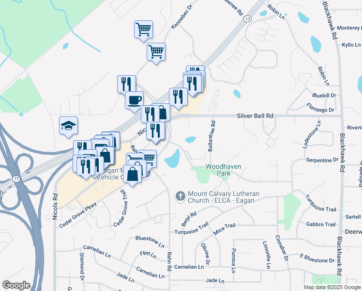 map of restaurants, bars, coffee shops, grocery stores, and more near 1991 Gold Trail in Eagan