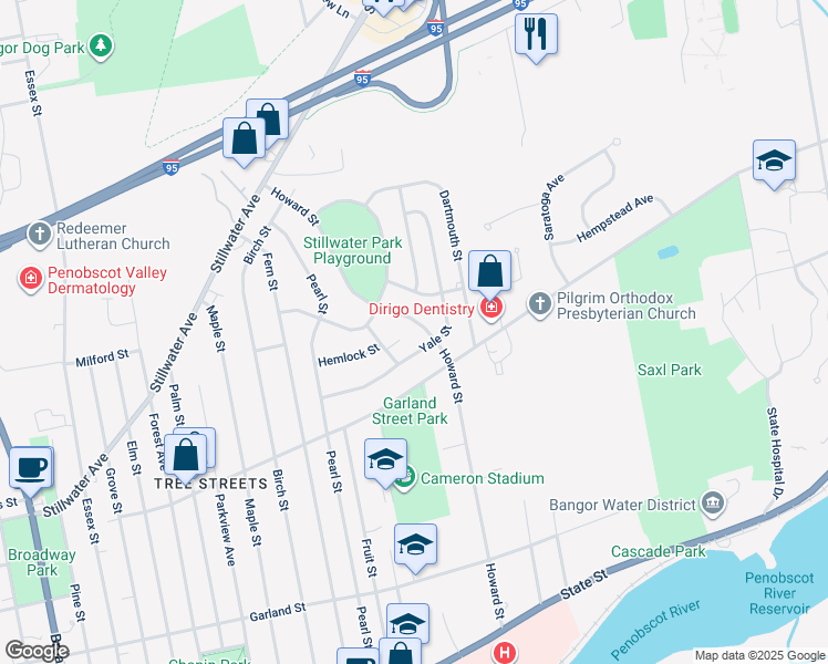 map of restaurants, bars, coffee shops, grocery stores, and more near 246 Howard Street in Bangor