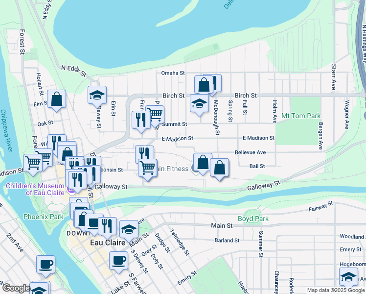 map of restaurants, bars, coffee shops, grocery stores, and more near 1129 Bellevue Avenue in Eau Claire