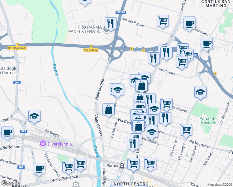 map of restaurants, bars, coffee shops, grocery stores, and more near Via Francesco Saverio Bianchi in Parma