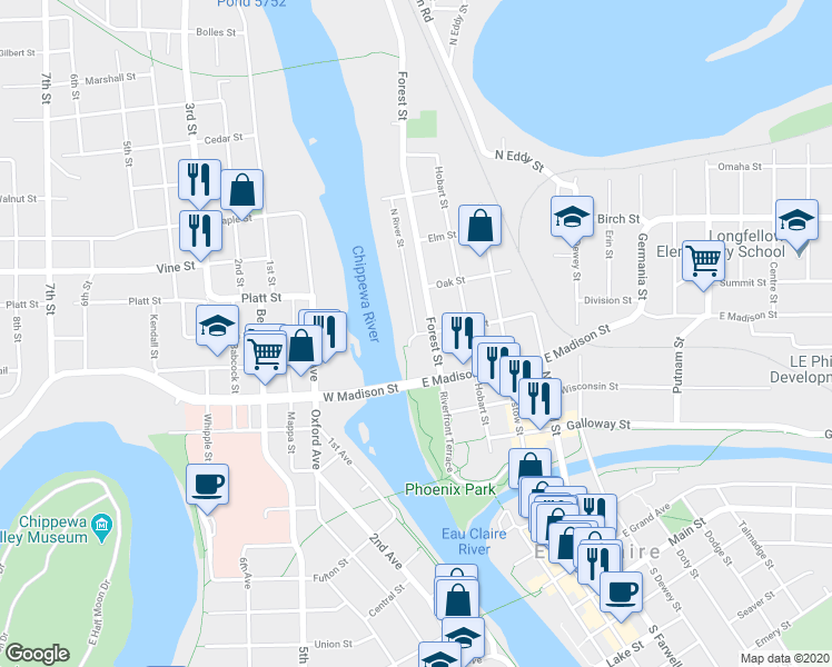 map of restaurants, bars, coffee shops, grocery stores, and more near 2 William Street in Eau Claire