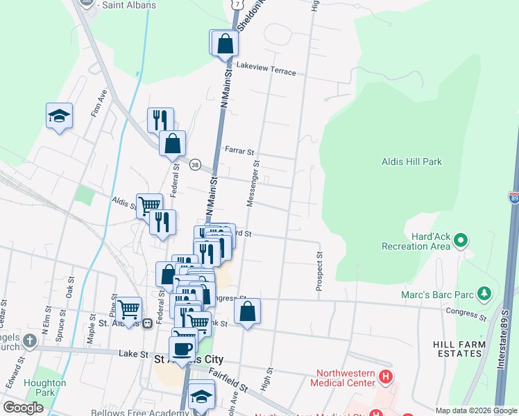map of restaurants, bars, coffee shops, grocery stores, and more near 14 Rublee Street in Saint Albans City
