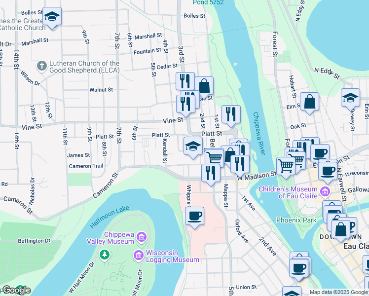 map of restaurants, bars, coffee shops, grocery stores, and more near 400 Cameron Street in Eau Claire