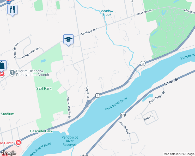 map of restaurants, bars, coffee shops, grocery stores, and more near 834 State Street in Bangor