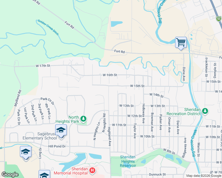 map of restaurants, bars, coffee shops, grocery stores, and more near 1782 Holmes Avenue in Sheridan
