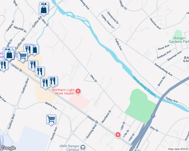 map of restaurants, bars, coffee shops, grocery stores, and more near 743 Ohio Street in Bangor