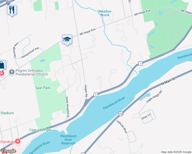 map of restaurants, bars, coffee shops, grocery stores, and more near 834 State Street in Bangor