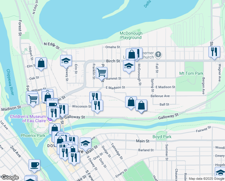 map of restaurants, bars, coffee shops, grocery stores, and more near 1105 Bellevue Avenue in Eau Claire