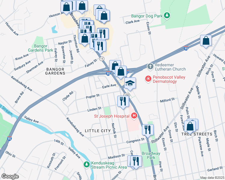 map of restaurants, bars, coffee shops, grocery stores, and more near 140 Grant Street in Bangor