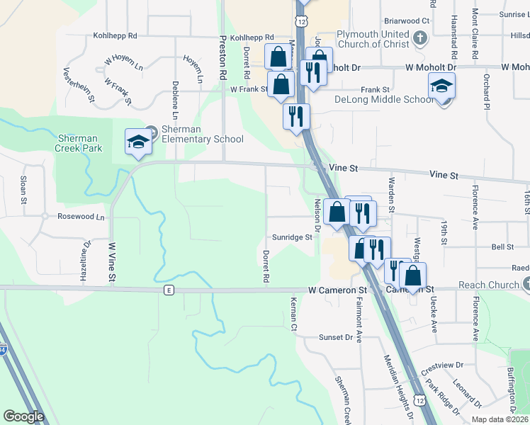 map of restaurants, bars, coffee shops, grocery stores, and more near 1709 Dorret Road in Eau Claire