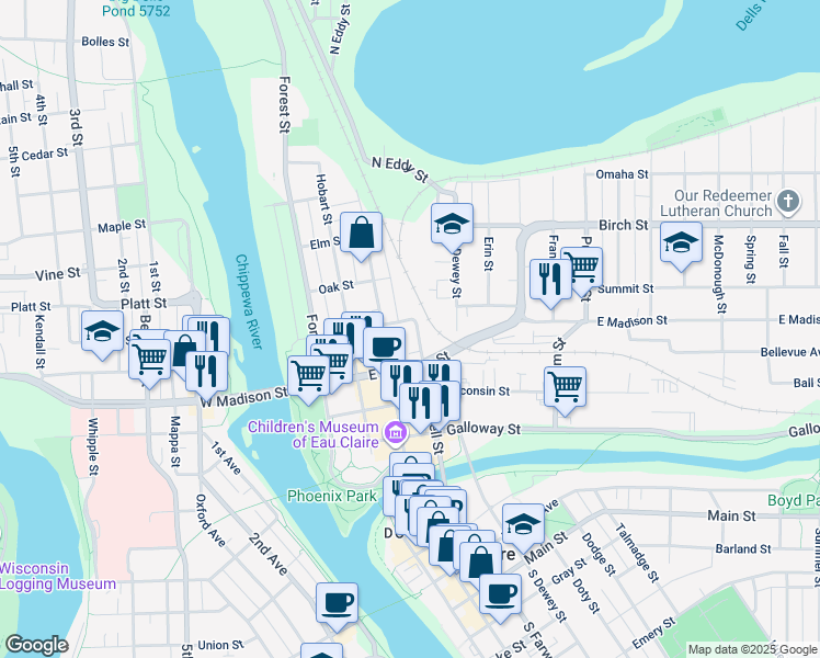 map of restaurants, bars, coffee shops, grocery stores, and more near 419 North Barstow Street in Eau Claire