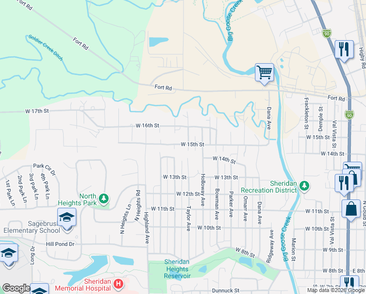 map of restaurants, bars, coffee shops, grocery stores, and more near 1749 Taylor Avenue in Sheridan