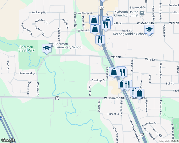 map of restaurants, bars, coffee shops, grocery stores, and more near 1709 Dorret Road in Eau Claire