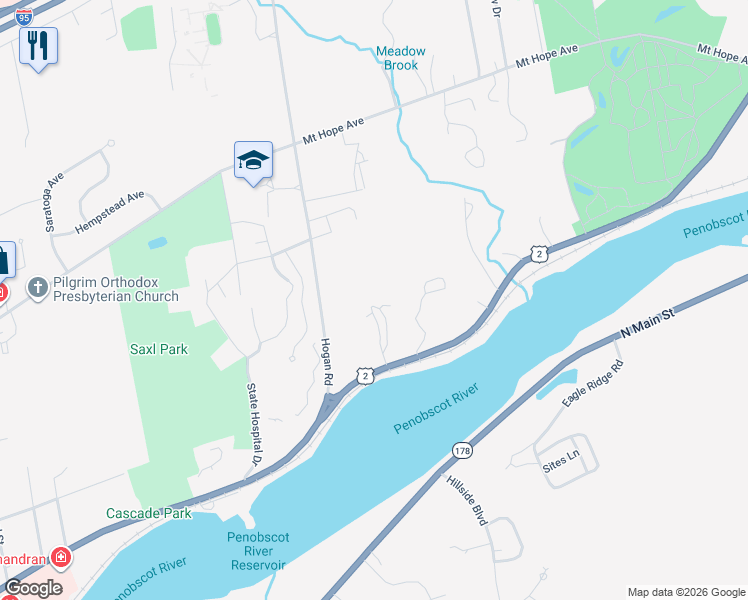 map of restaurants, bars, coffee shops, grocery stores, and more near 834 State Street in Bangor