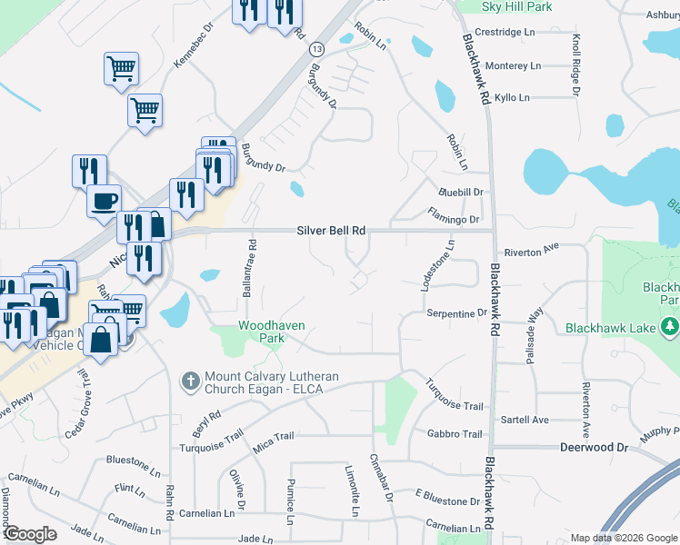 map of restaurants, bars, coffee shops, grocery stores, and more near 3857 Heather Drive in Eagan