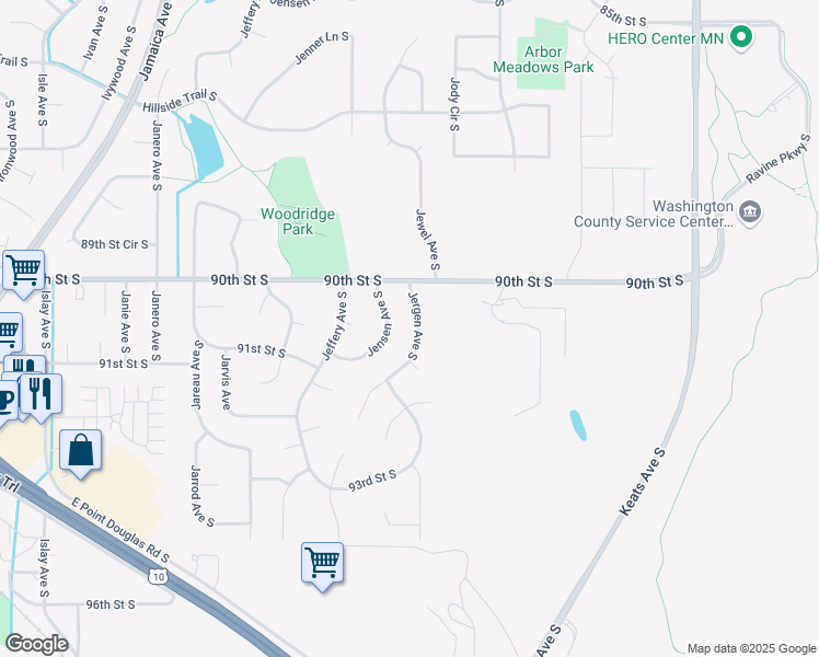 map of restaurants, bars, coffee shops, grocery stores, and more near 9040 Jergen Avenue South in Cottage Grove