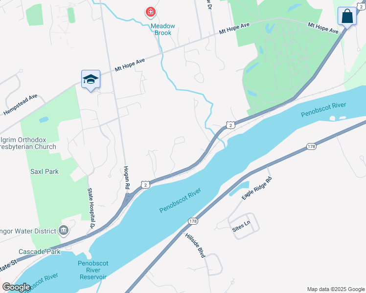 map of restaurants, bars, coffee shops, grocery stores, and more near 36 Meadowbrook Road in Bangor