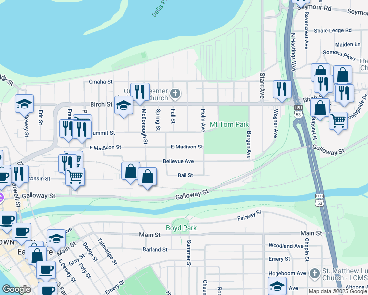 map of restaurants, bars, coffee shops, grocery stores, and more near 1701 Summit Street in Eau Claire