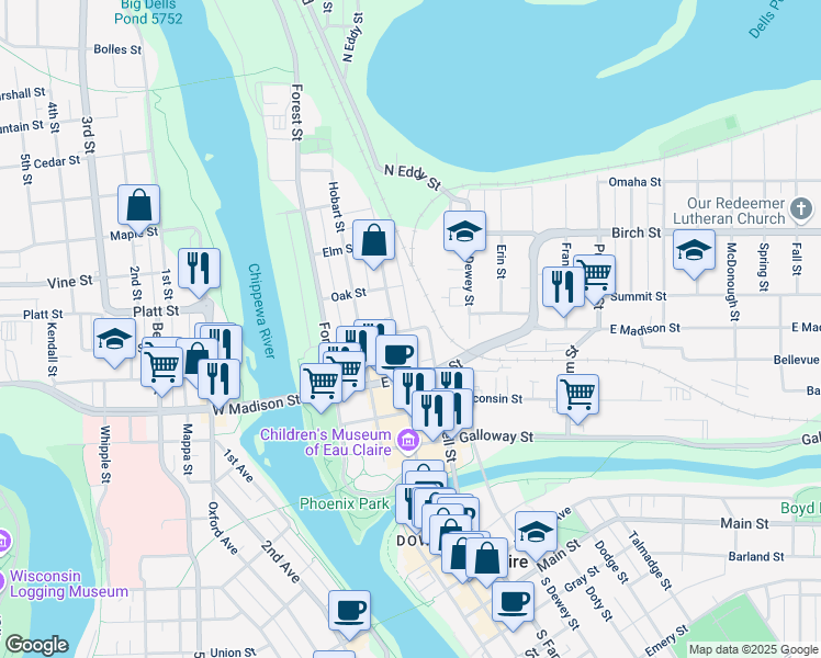 map of restaurants, bars, coffee shops, grocery stores, and more near 527 North Farwell Street in Eau Claire