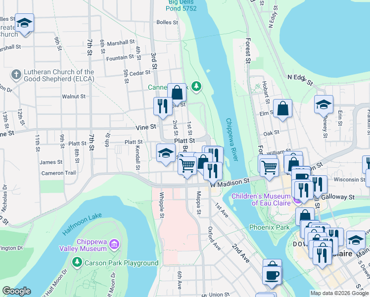 map of restaurants, bars, coffee shops, grocery stores, and more near 144 Platt Street in Eau Claire