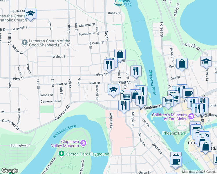 map of restaurants, bars, coffee shops, grocery stores, and more near 222 Platt Street in Eau Claire