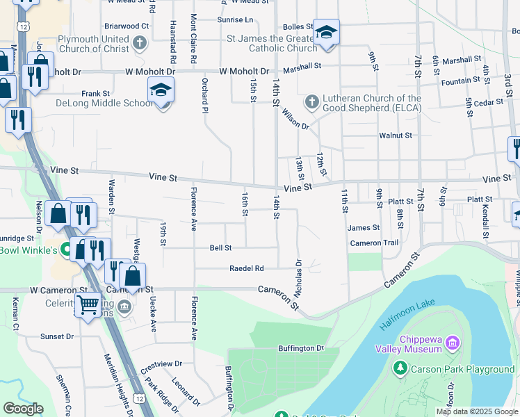 map of restaurants, bars, coffee shops, grocery stores, and more near 1503 Vine Street in Eau Claire