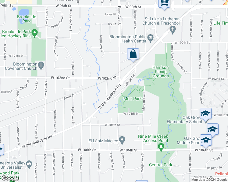 map of restaurants, bars, coffee shops, grocery stores, and more near 2324 West Old Shakopee Road in Bloomington