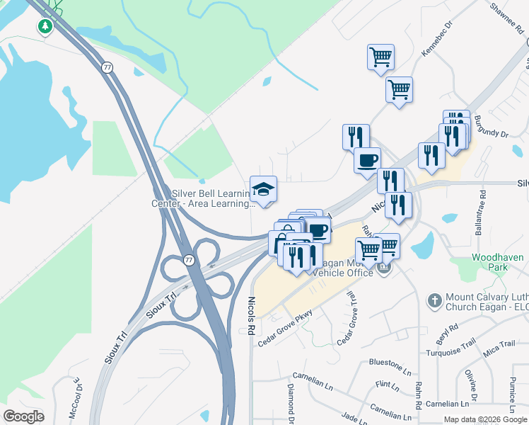 map of restaurants, bars, coffee shops, grocery stores, and more near 3788 Nicols Road in Eagan