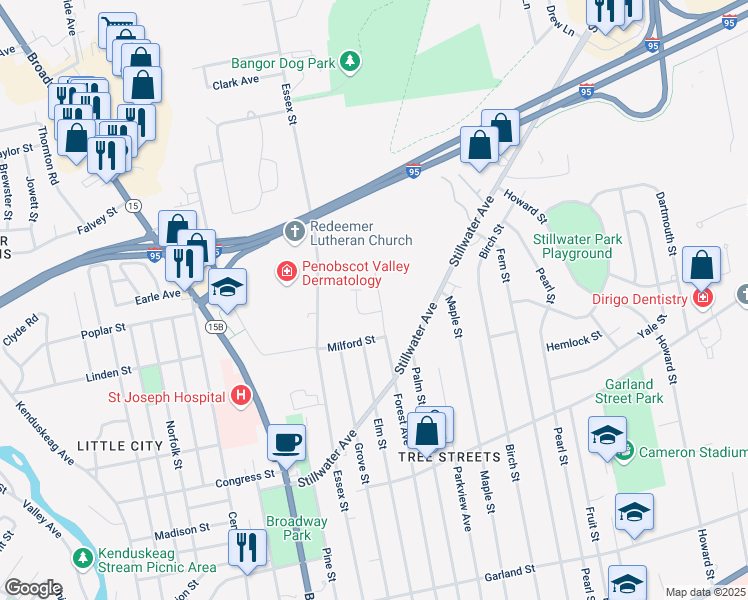 map of restaurants, bars, coffee shops, grocery stores, and more near 397 Forest Avenue in Bangor