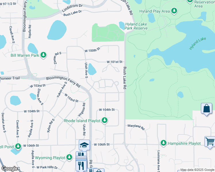 map of restaurants, bars, coffee shops, grocery stores, and more near 7301 Bristol Village Drive in Bloomington