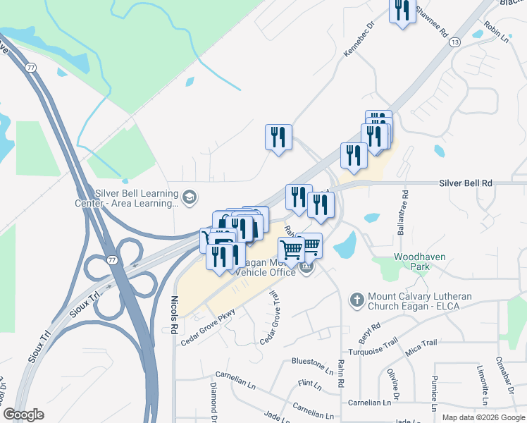 map of restaurants, bars, coffee shops, grocery stores, and more near 3920 Sibley Memorial Highway in Eagan