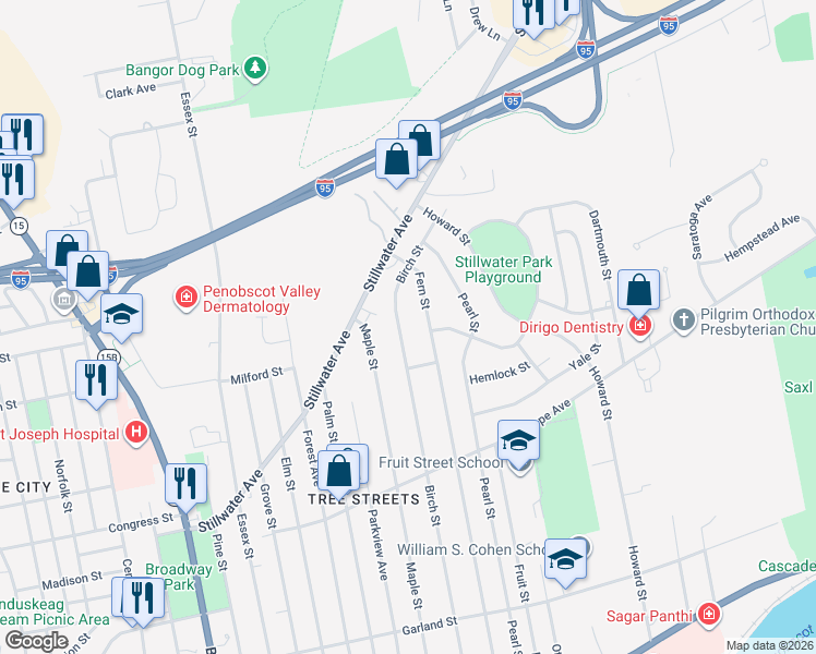 map of restaurants, bars, coffee shops, grocery stores, and more near 413 Birch Street in Bangor