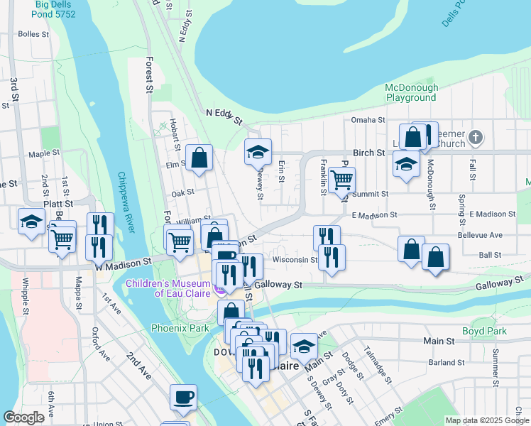 map of restaurants, bars, coffee shops, grocery stores, and more near 614 Division Street in Eau Claire