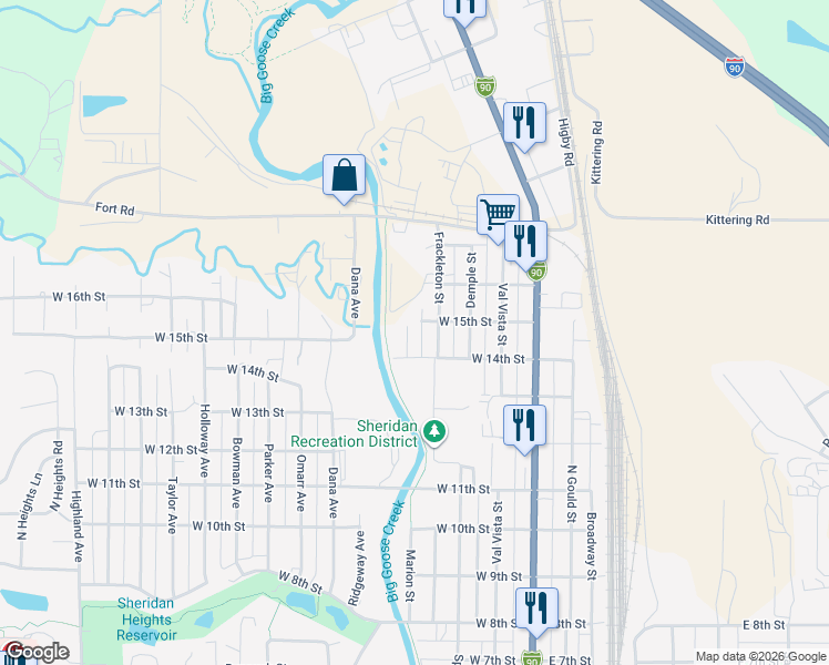 map of restaurants, bars, coffee shops, grocery stores, and more near 1908 Frackleton Street in Sheridan