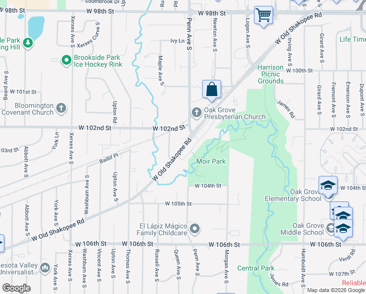 map of restaurants, bars, coffee shops, grocery stores, and more near 2191 West Old Shakopee Road in Minneapolis