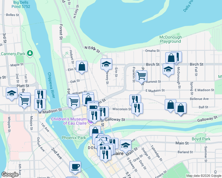 map of restaurants, bars, coffee shops, grocery stores, and more near 614 Division Street in Eau Claire
