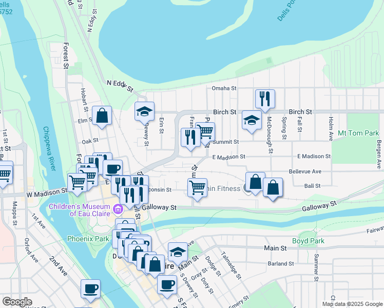 map of restaurants, bars, coffee shops, grocery stores, and more near 422 Franklin St in Eau Claire